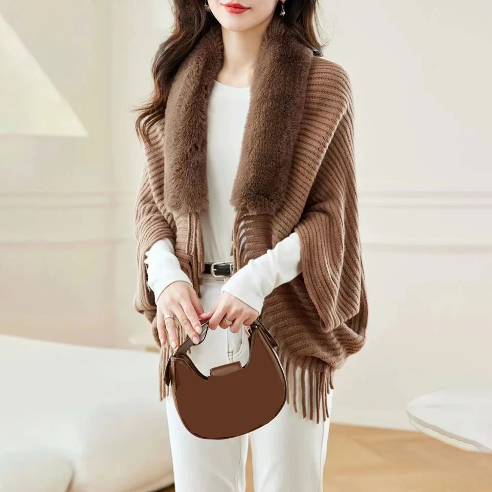 Women Poncho spring autumn wool Knitted Faux Fur Collar Tassel Shawl Cloake elegant loose high quality Wrap Cardigan warm Coat