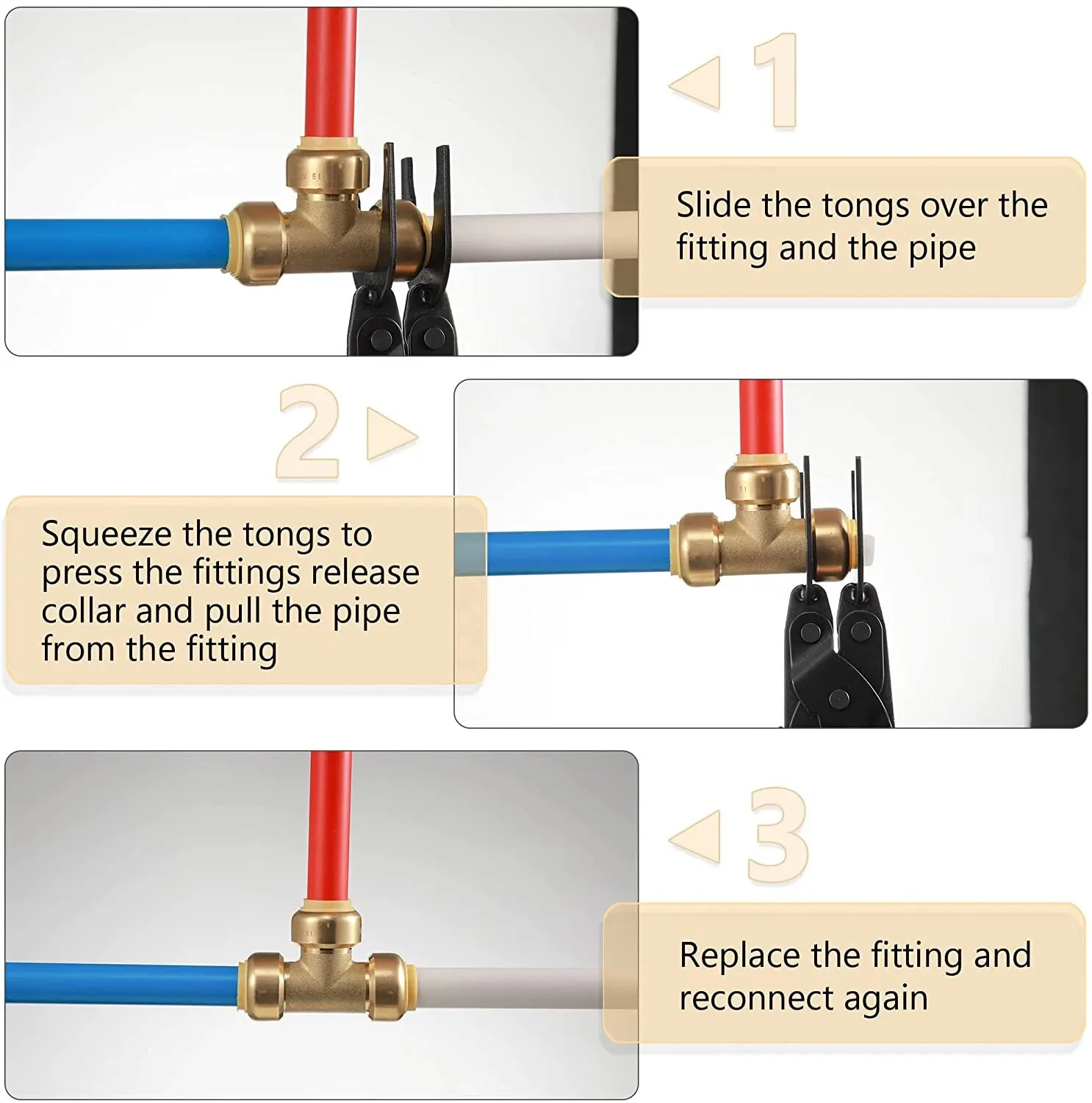 Disconnect Tongs Tool for Push to Connect Fitting Removal for Demount Brass Fit Clamp for Copper Pipe