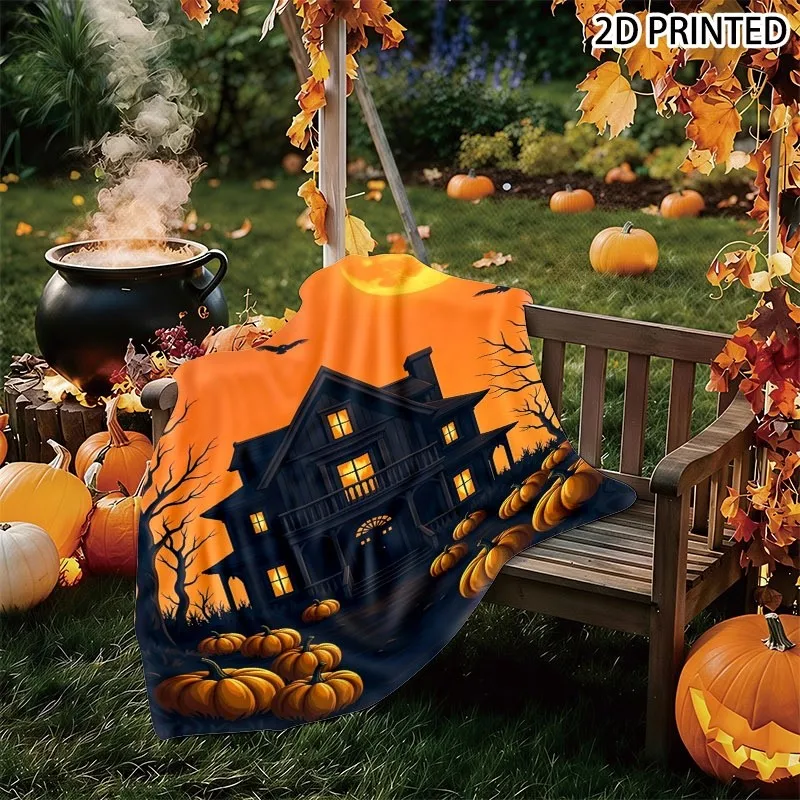 Spooky Halloween Haunted House Throw Blanket Suitable for Fall Decor with Glowing Window, Orange Pumpkins, Full Moon & Crows Pat
