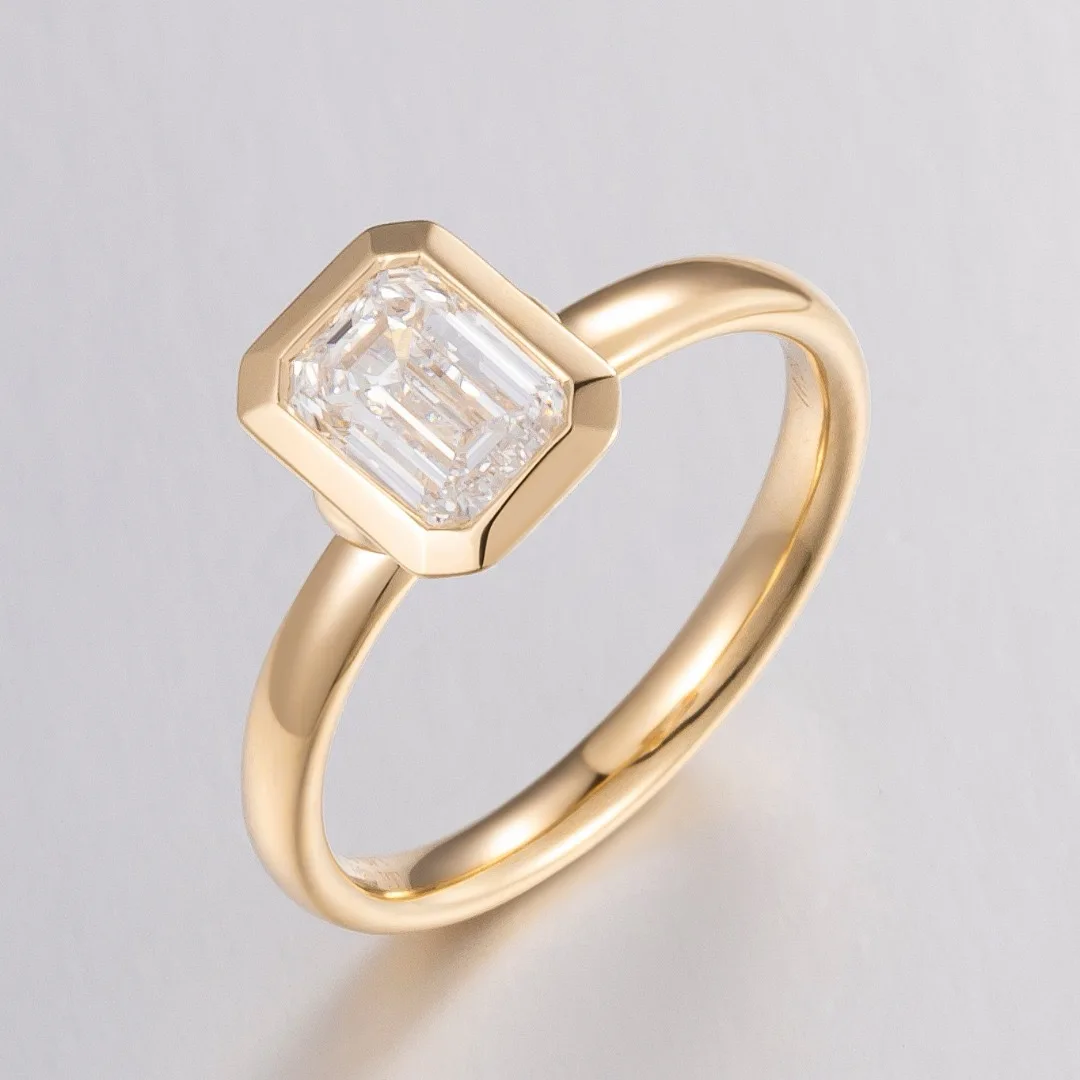 14K Gold Lab Grown Diamond Ring Size 15, Emerald Cut Bezel Set Solitaire Ring, Minimalist Modern Fine Jewelry Gift for Women Her