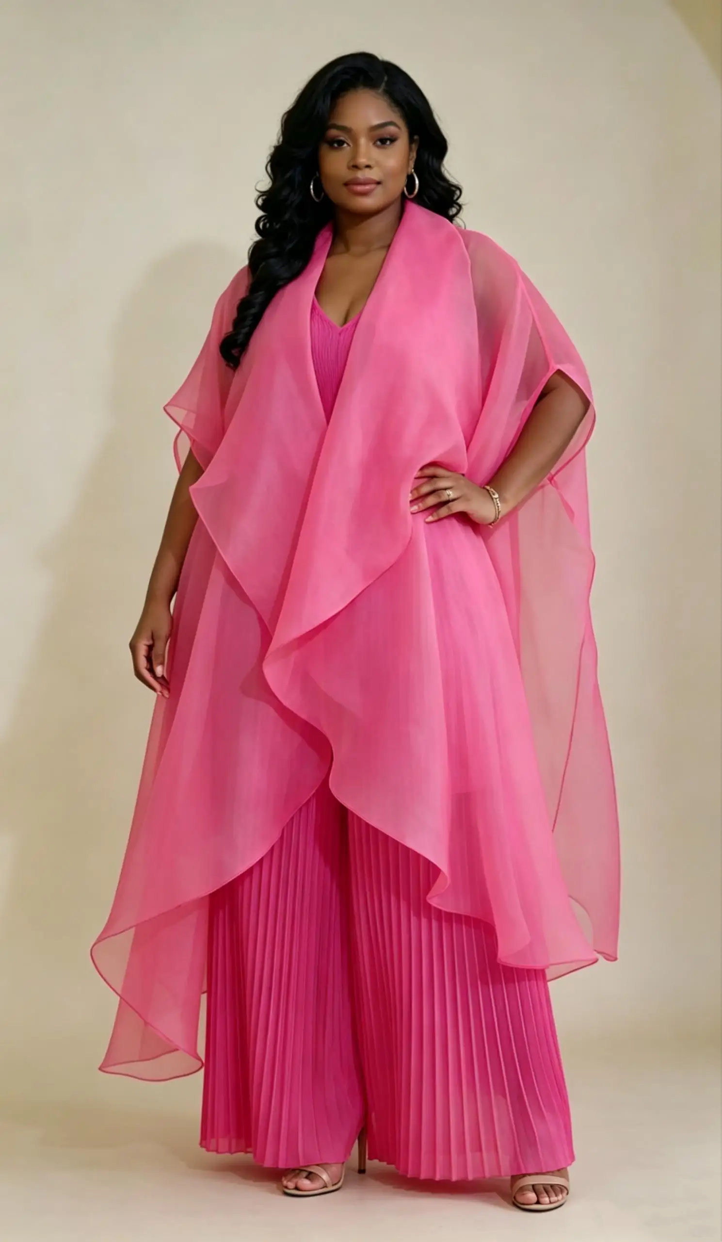 Übergrößen Damen 3-Teiliges Hosen-Set Elegantes Cape-Oberteil und Plissierte Hose Abend-Party-Outfit – Detail 6