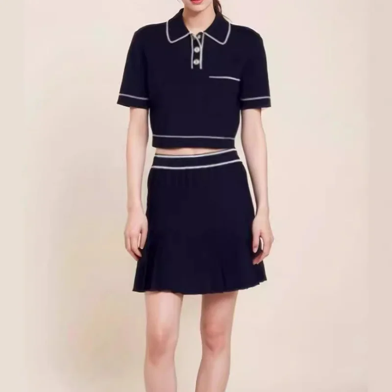 

Women Navy Blue Suit Short Skirts Suits Summer French POLO Collar Knitted Tops Sexy Sweet Sets Lapel Crop Tshirts Pleated Skort