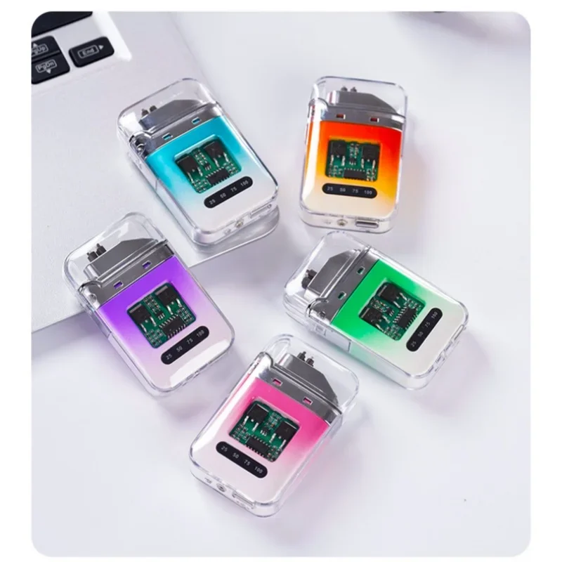 Transparent Shell Electronic Pulse Windproof Dual Arc Charging Lighter Cool Color Light Battery Display Type-C Electric Lighters