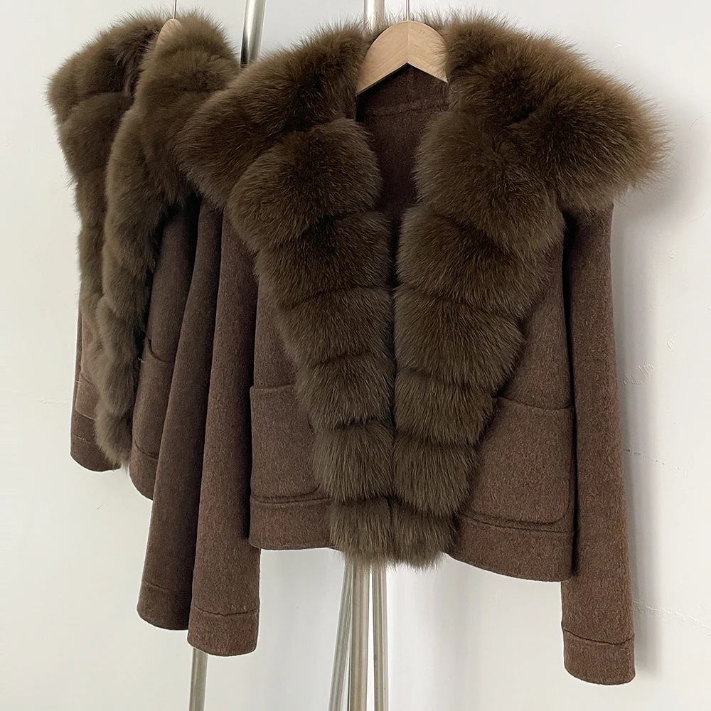 OFTBUY Pockets Luxuriöser Warmer Winter-Mode-Mantel für Damen, Neuer Damen-Cropped-Mantel aus doppelseitiger Wolle mit Echtfuchsfellkragen – Detail 16