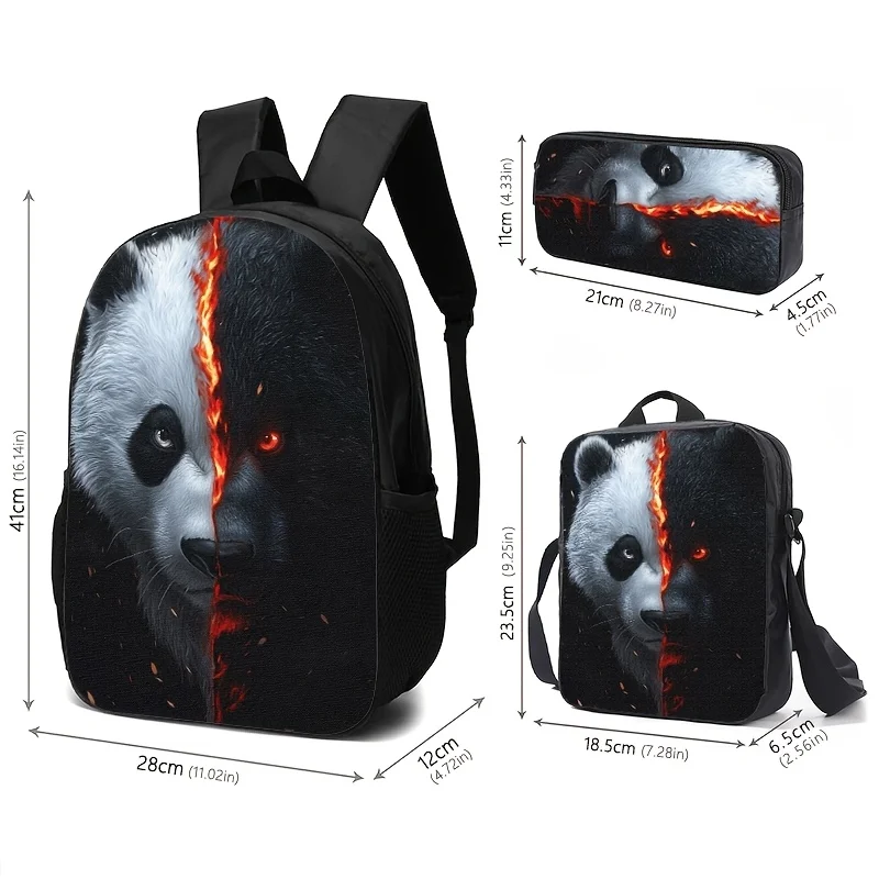 

A Three-Piece Set Featuring a Double-Sided Panda Flame-Themed Backpack, Pencil Case, And Lunch Bag, Designed with High-Definitio