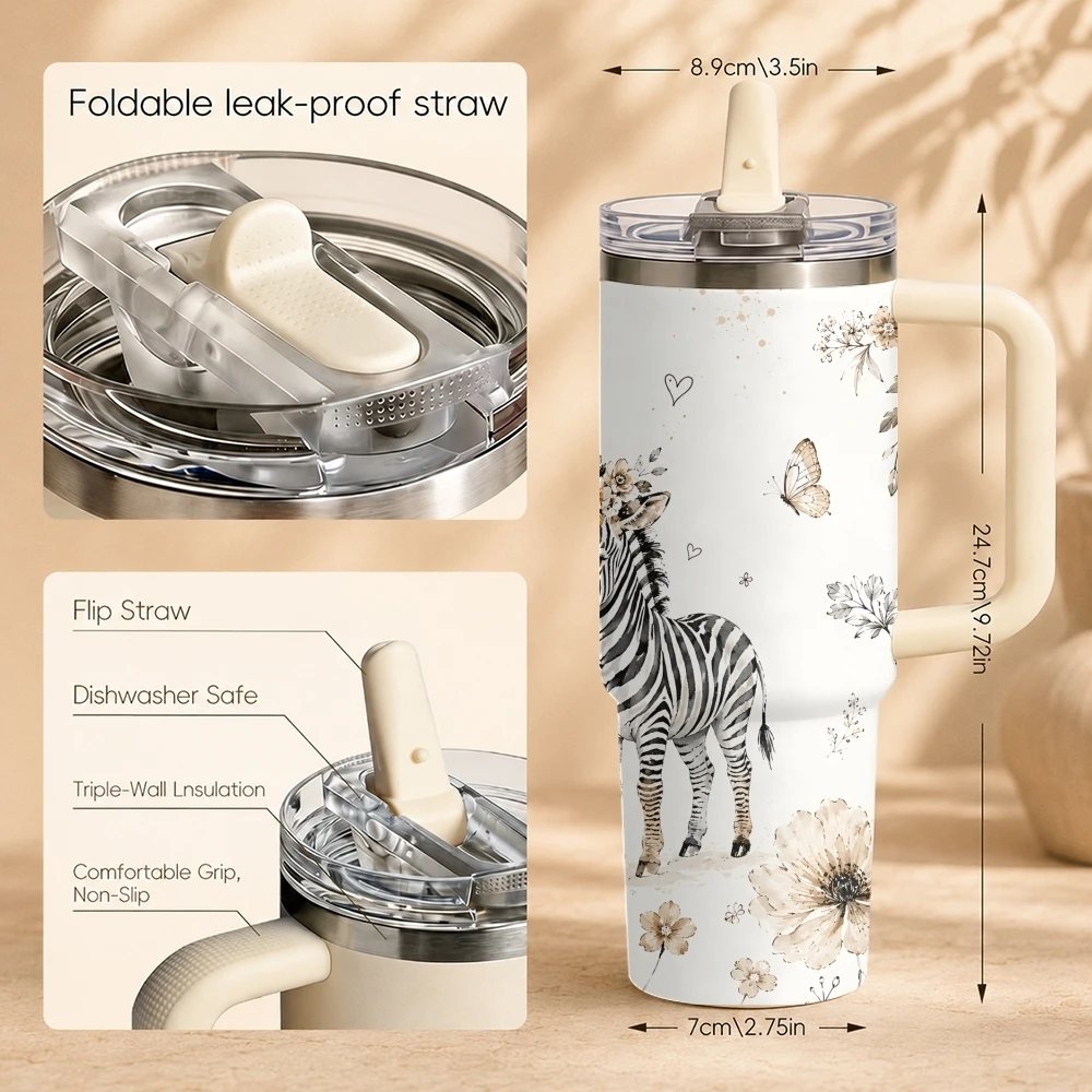 Boho Wildlife Giraffes Zebras Cattle Vacuum Flasks 40oz Thermal Tumbler Handle Stainless Steel Insulated Water Portable Mug Cup