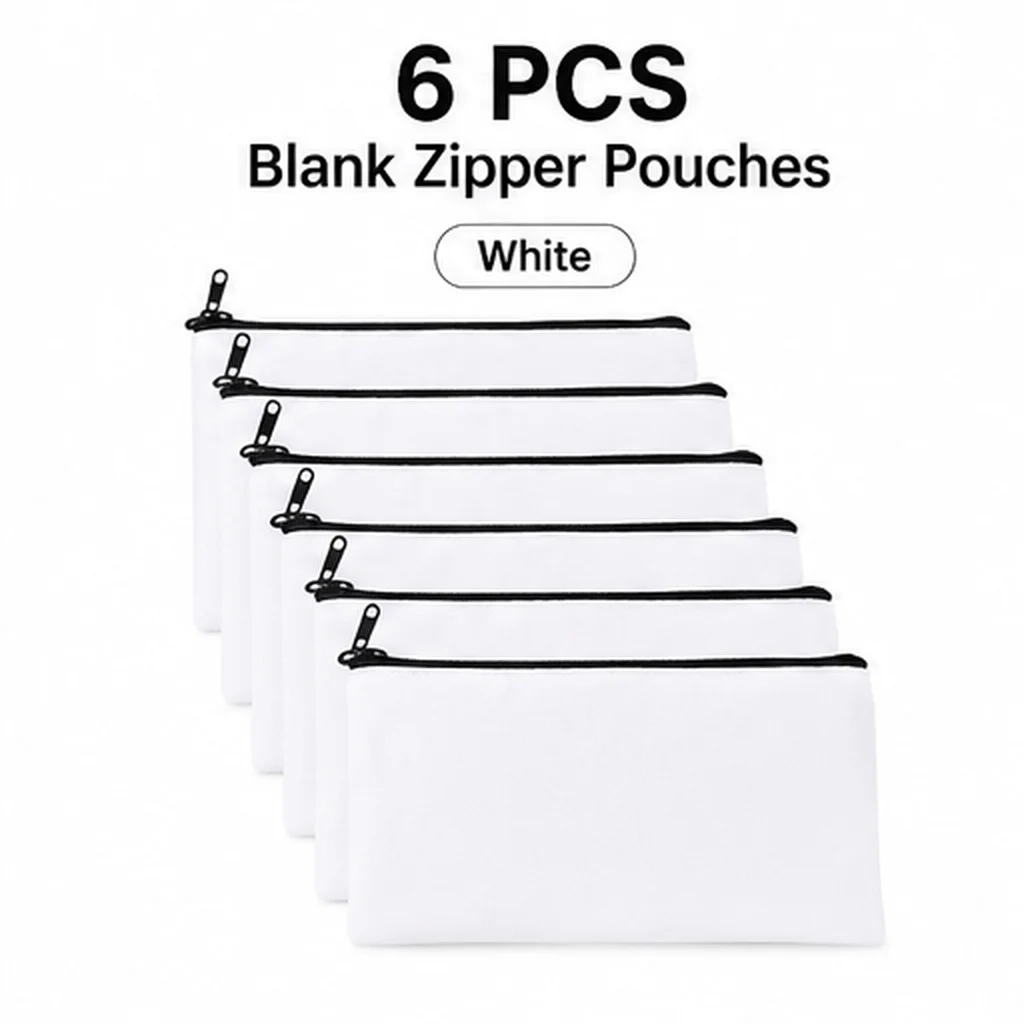 6/12PCS White Blank Zipper Pouches, 12OZ Thick Canvas Heat Transfer Bags, 21 x 12cm DIY Pencil & Cosmetic Cases