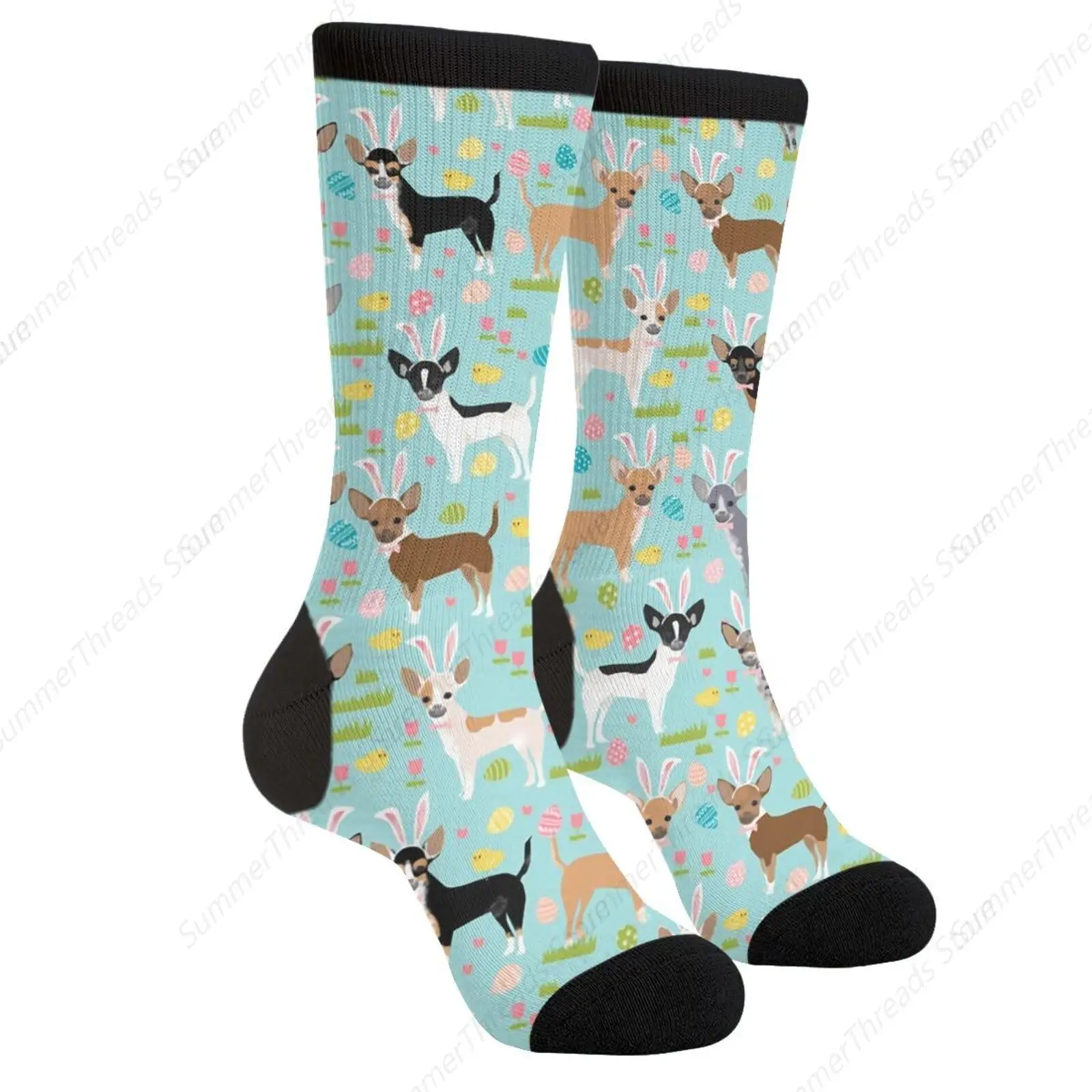 Bunny Dogs And Chihuahua Eggs Easter Casual Unisex Novelty Fun Crew Socks Fashion Comfortable Men And Women Crazy Dress Socks