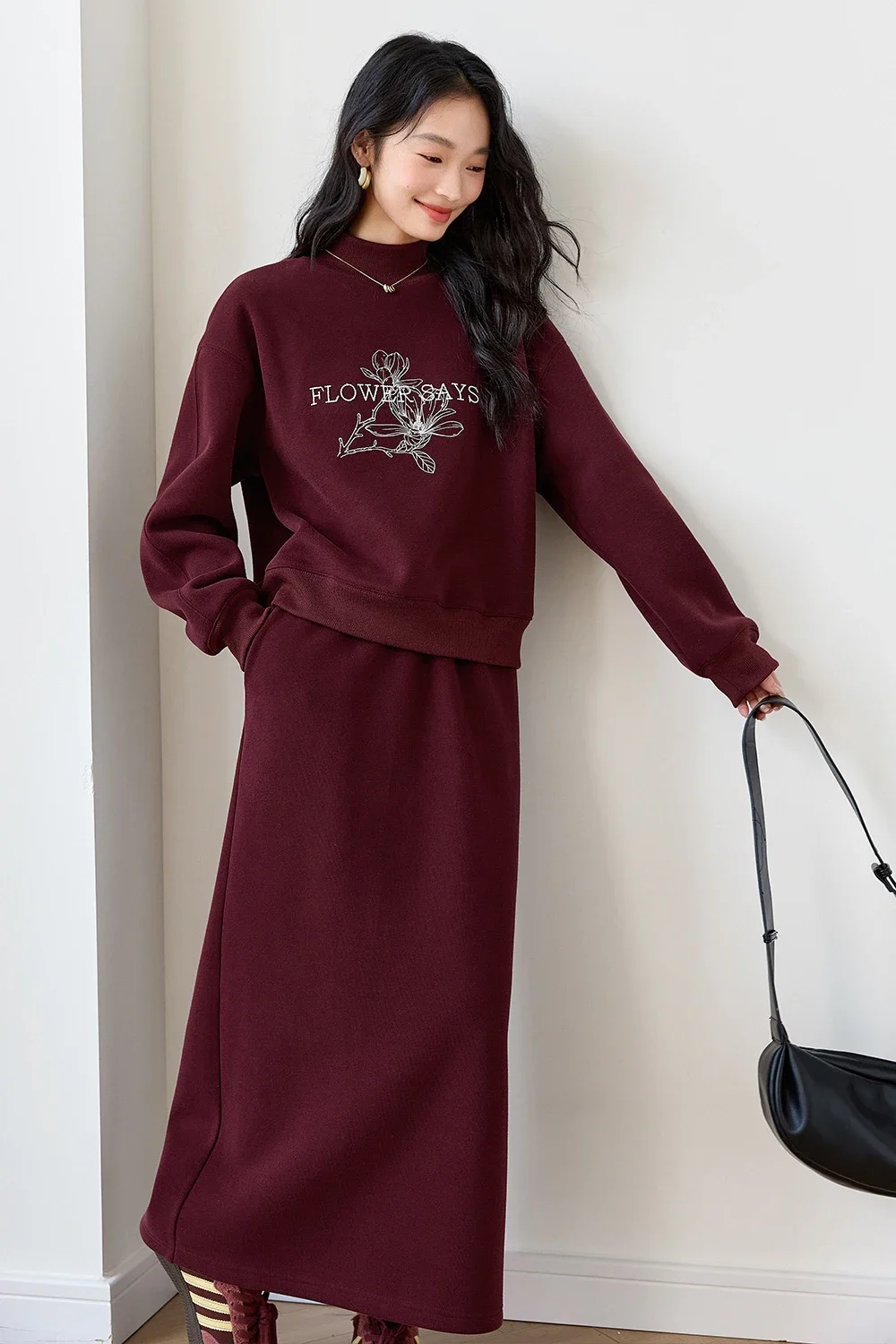 VIMLY Women Office Lady Sweatshirt Skirt Set Winter Simple Casual Printed Sweatshirts Straight Skirt Christmas New Year Suit