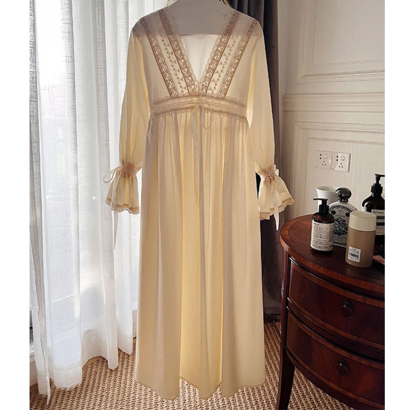 Pure Cotton Vintage Nightgowns Women Autumn Apricot Long Robe Nightie Night Dress Wear Victorian Nightdress Princess Sleepwear