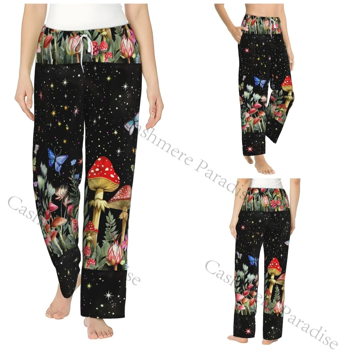 

Colorful Picture Mushroom Butterflies Warm Women Pajama Pants Flannel Sleep Bottoms Soft Fleece Loungewear