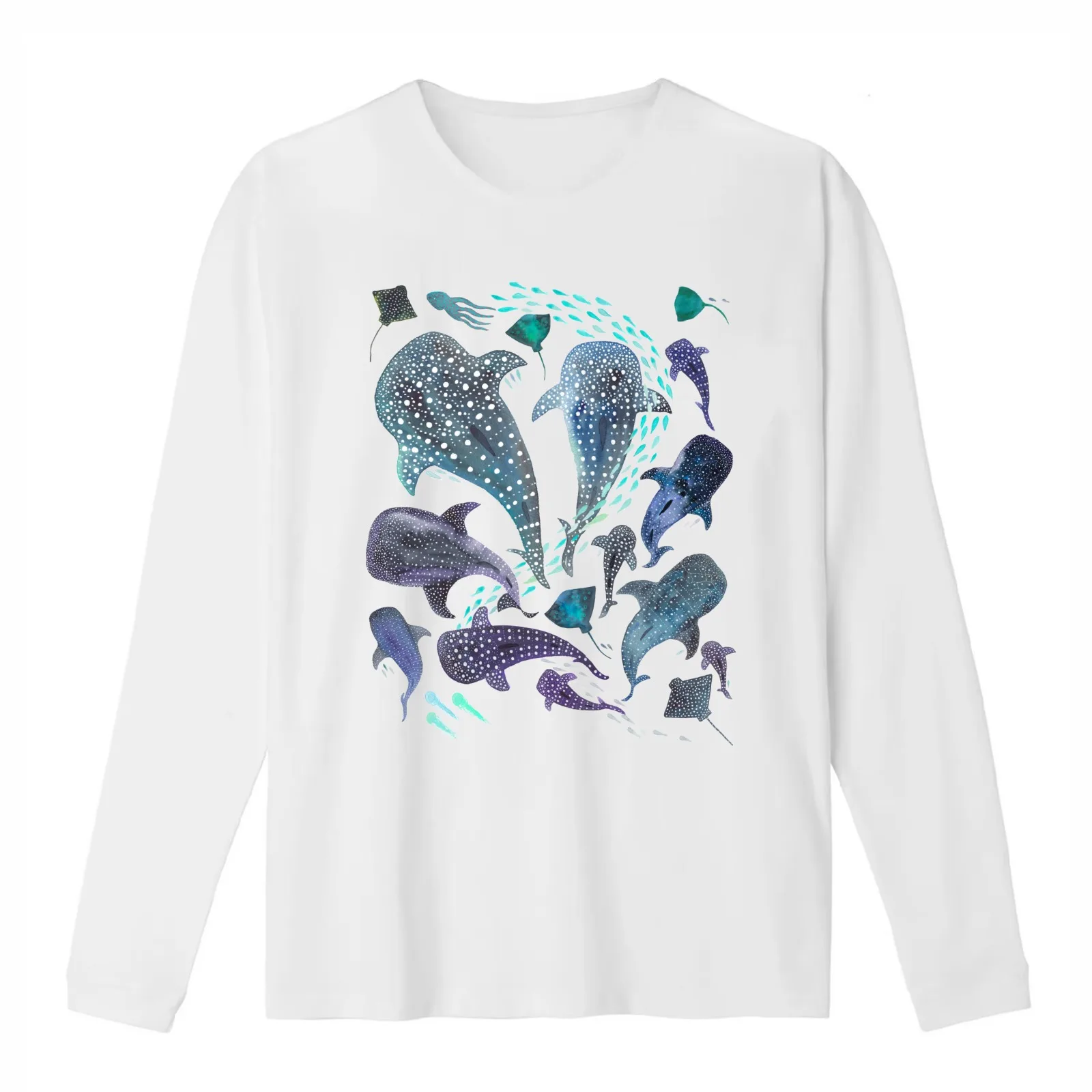 Whale Shark Ray & Sea Creature Play Print T-Shirt Summer Casual Cotton Tee Oversized Streetwear Tops Vintage Graphic Print