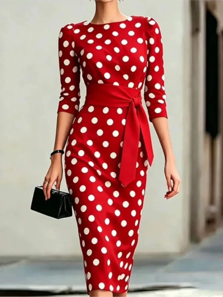 

Polka Dot Dresses 2026 Woman New Autumn Elegant Fashion Long Dress Contrast Slim Simple Style Vestidos Temperament Casual Trendy