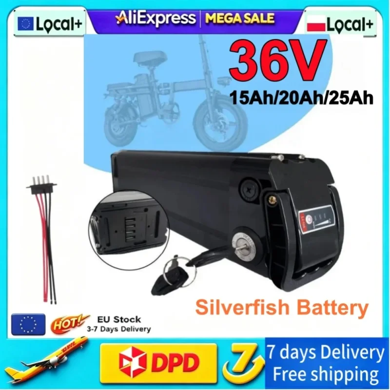 Silver Fish Li-Ionen-Akku 36V 15Ah 20Ah 25Ah Wiederaufladbarer E-Bike-Akku mit integriertem BMS und 2A-Ladegerät, unterstützt 150W-850W Motor, Ersatzakku für Elektrofahrräder, faltbare E-Bikes,