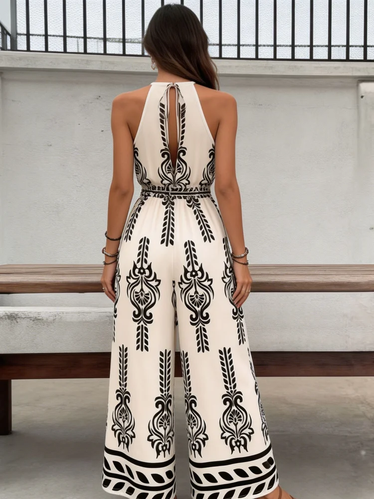 New Trendy Women's One-Piece Pants, with Loose Leg Design, lightweight and Smooth Fabric, High Elasticity Waistband, Black and White Retro Ethnic Print, American Size, Shipped from the US Warehouse, Fast Delivery, Bohemian Style, Suitable for Spring and S