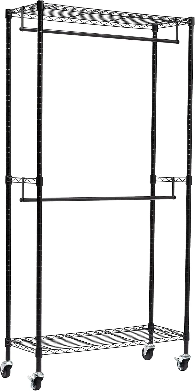 

Adjustable, Double Hanging Rod Garment Rolling Closet Organizer Rack, Black, 36'' x 14'' x 72'', WI-GAR1436B