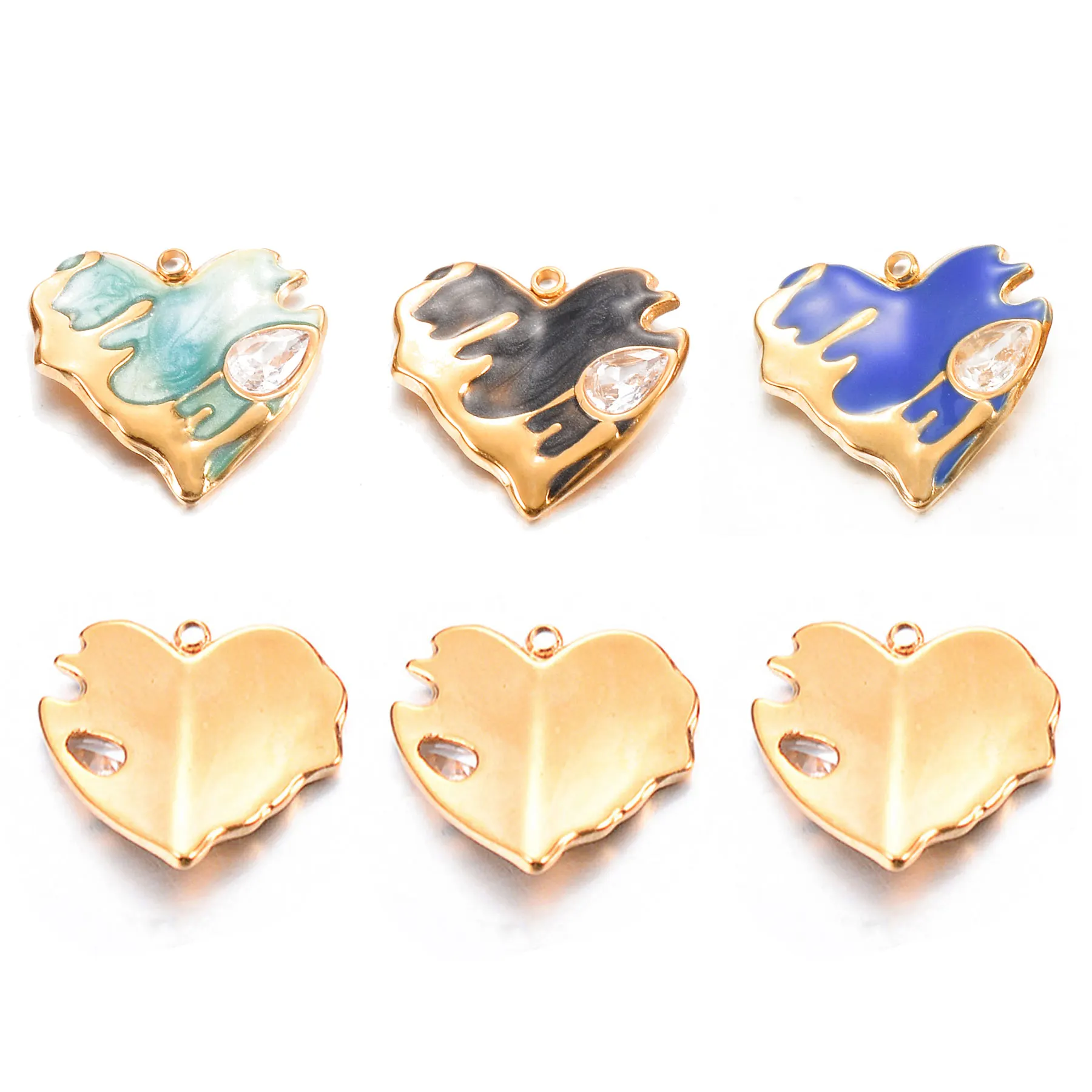 3Pcs Stainless Steel Irregular Lava Dropping Oil Heart Charms Pendant With Zircon DIY Jewelry Necklaces Bracelet