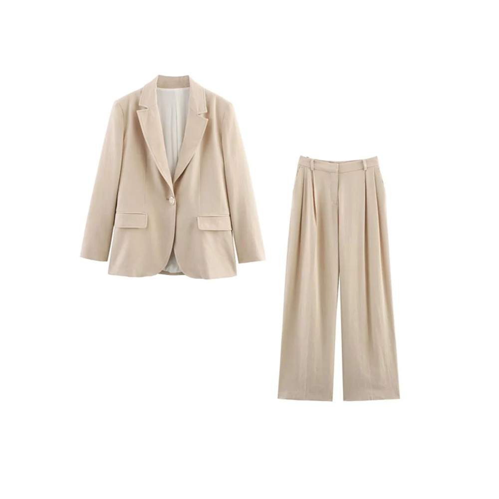 Women's Suit Set Linen Blend Lapel Jacket High Waist Wide Leg Pants Fashionable Casual Spring Autumn Two-piece Set 2025 New