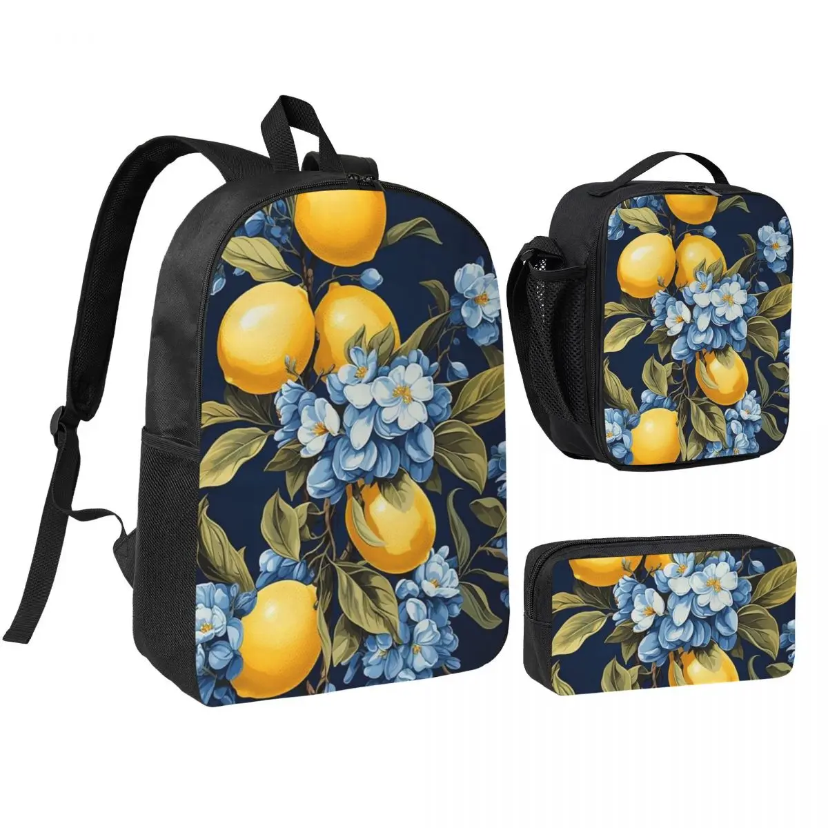 Lemon And Floral Pattern Backpack Student BookBag School Bag Shoulder Bags 3ps Insulated Lunch Bag Pencil Case