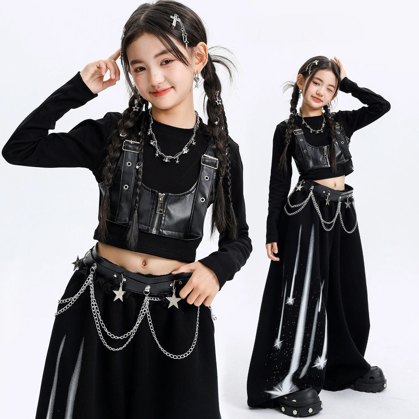 

Kid Kpop Hip Hop Clothing Black Crop Faux Leather Vest T Shirt Meteor Print Sweat Pants for Girl Street Dance Costumes Clothes