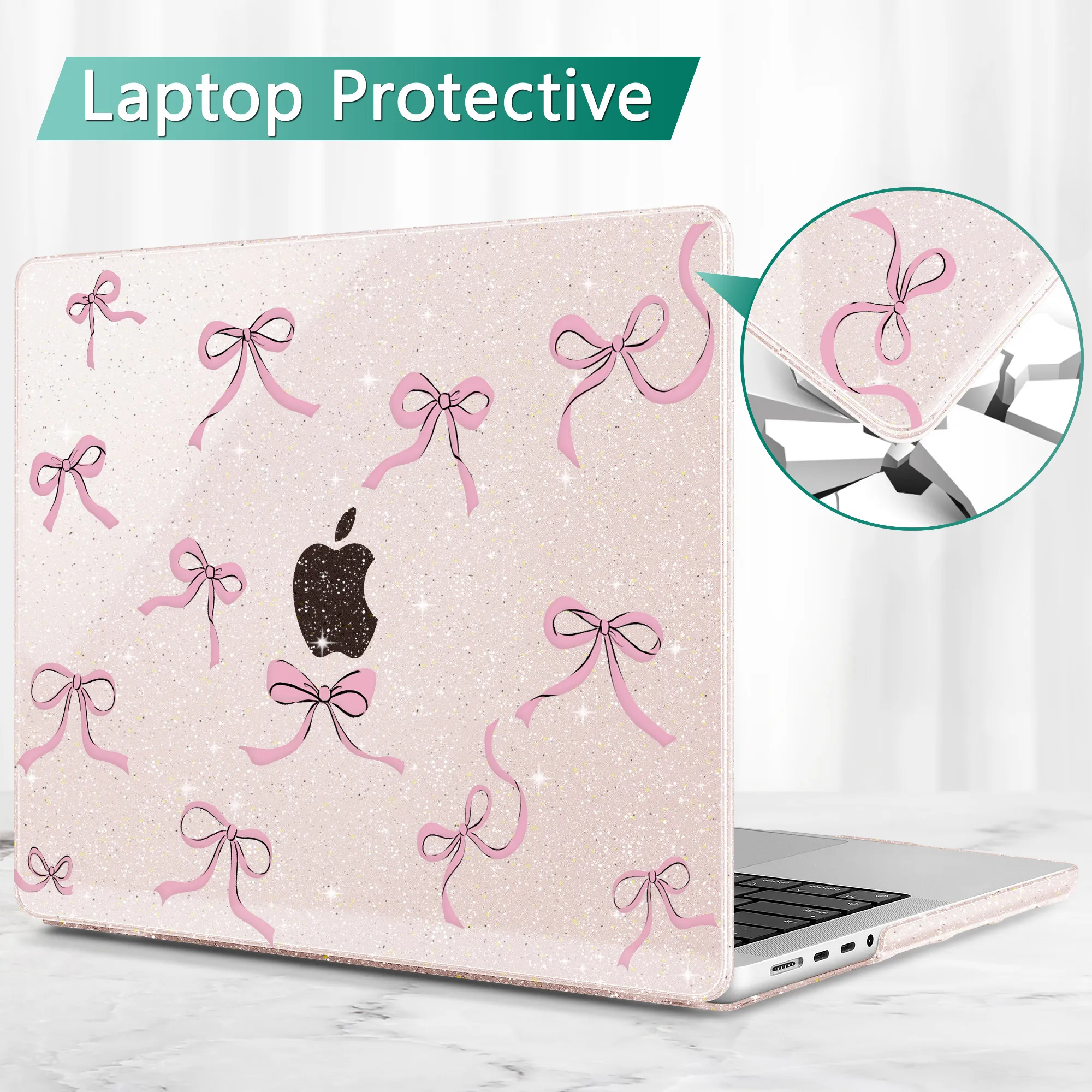 Sakura rosa glitter arco impressão caso para macbook m4 m3 pro 13 14 16 ar 13 15 a2681 a3113 a2941 a3114 m2 m1 a2337 2020 a2338 a2251