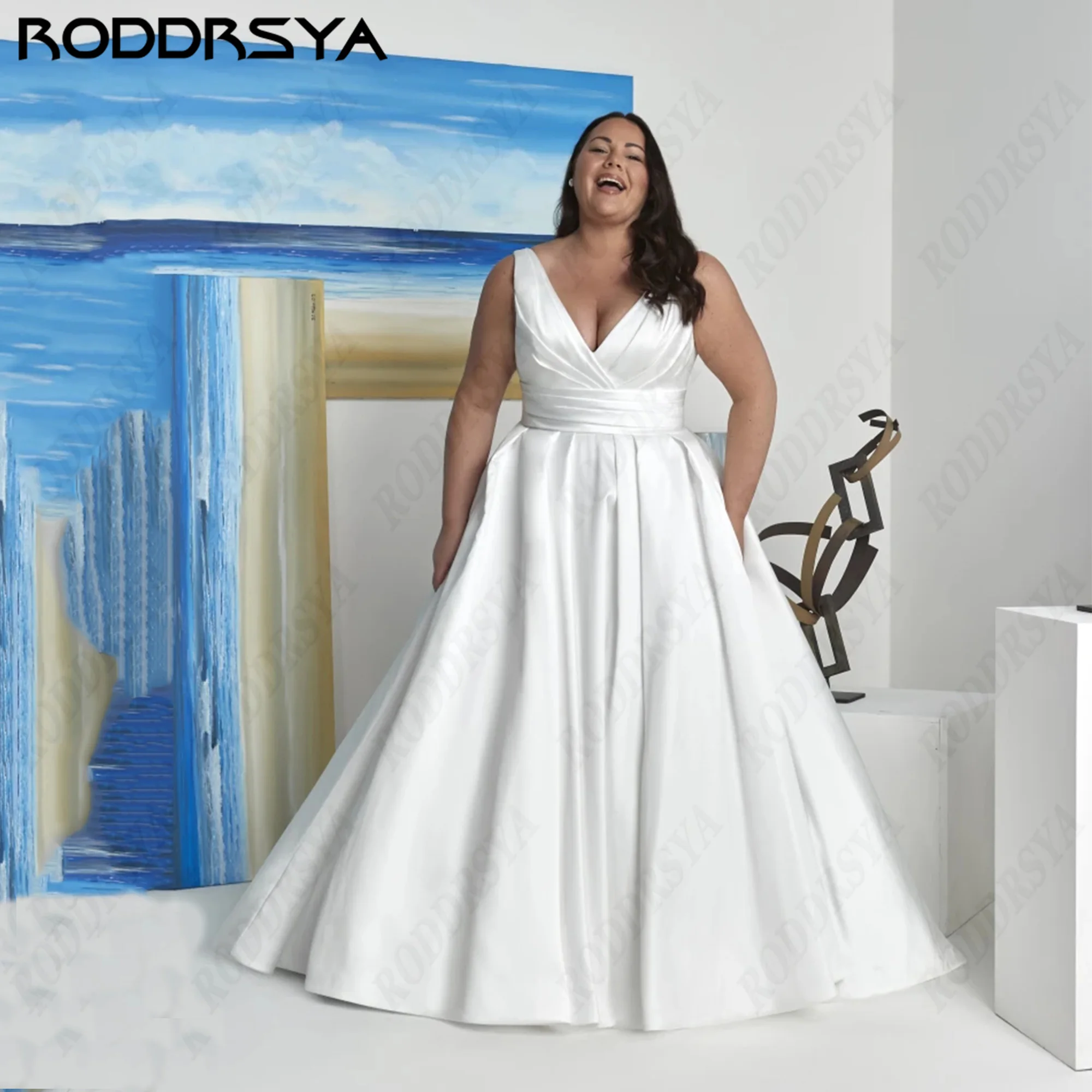RODDRSYA Plus Size Satin Wedding Dress Deep V Neck Sleeveless A Line Bridal Gown with Pockets Back Zipper Bride Dress Customized