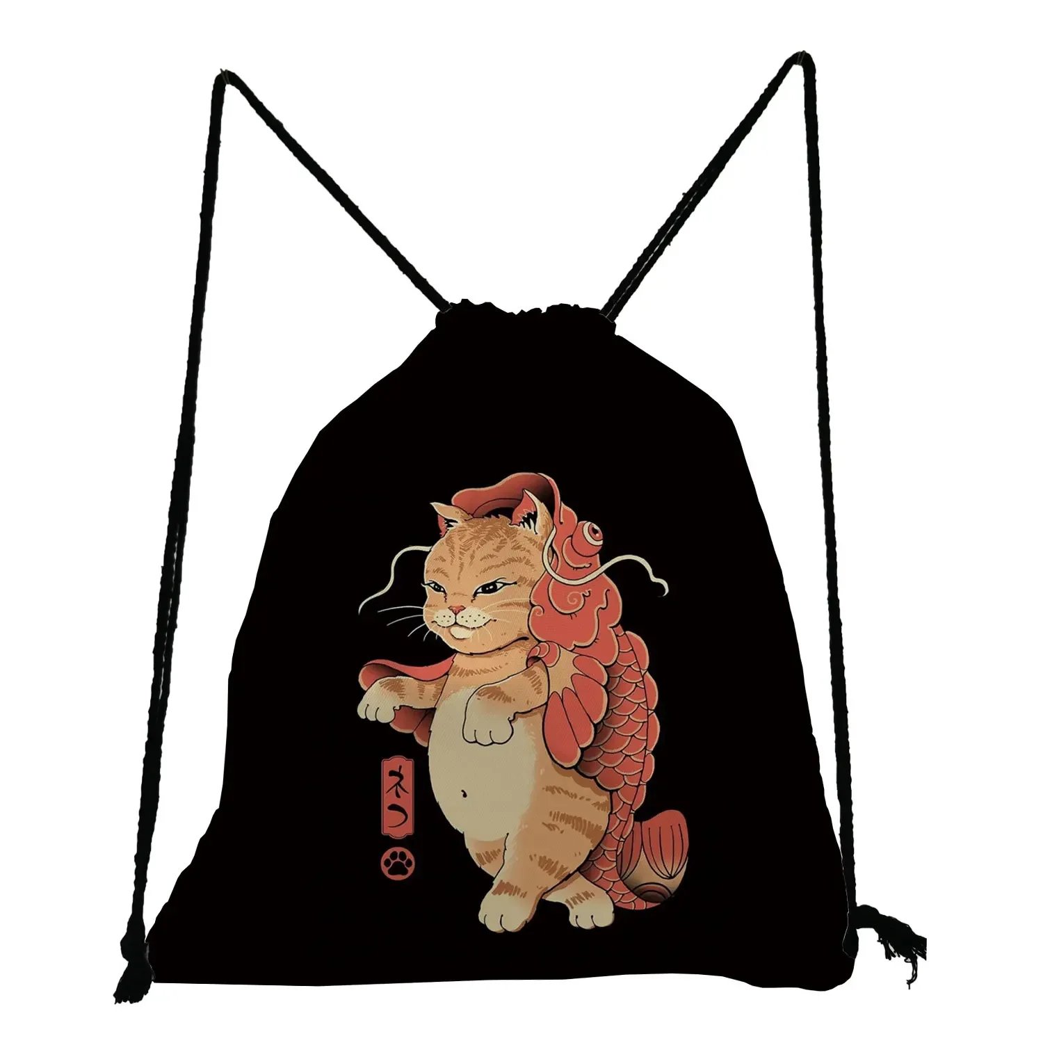 Mochilas retrô legal de alta capacidade para estudantes, bolsas estilo japonês, bolso com cordão, desenho animado 3D Anime Gato Samurai