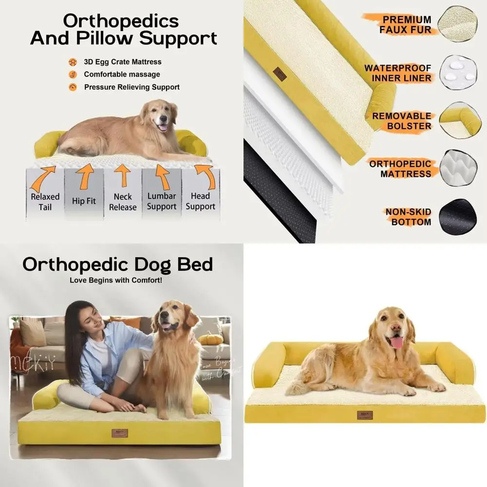 

Ортопедическая моющаяся лежанка для собак XL с бортиком и съемным чехлом - Желтый диван-лежанка из пены с эффектом памяти для крупных собак