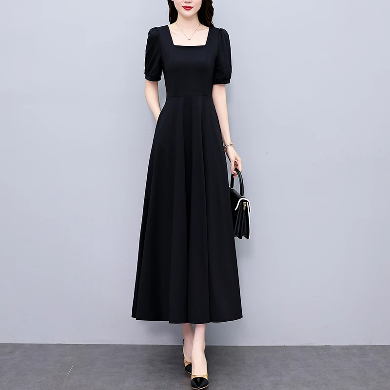 Women Black Long Dresses Summer Female Square Collar Sleeveless Large Size ​M-5XL Elegant Pleated A Line Polyester Slim Vestidos