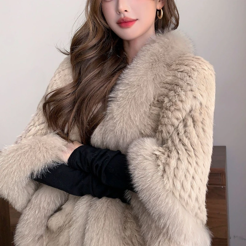 Luxury Real Rabbit Fur Shawl Coat for Women Warm Autumn Winter Fox Fur Collar Cape Knitted Fur Scarf Natural Rabbit Pashmina