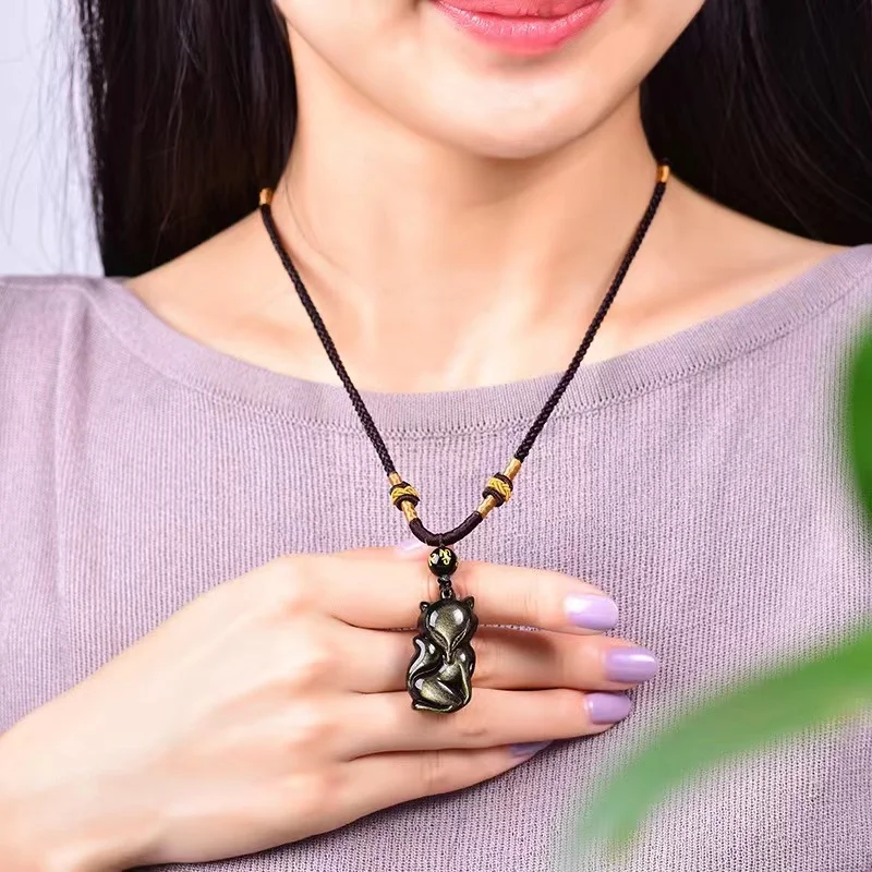 Golden Obsidian Fox Pendant Necklace Jewelery Natural Stone Lovely Peach Fox Pendant Men Women Transfer Lucky Crystal Jewelry