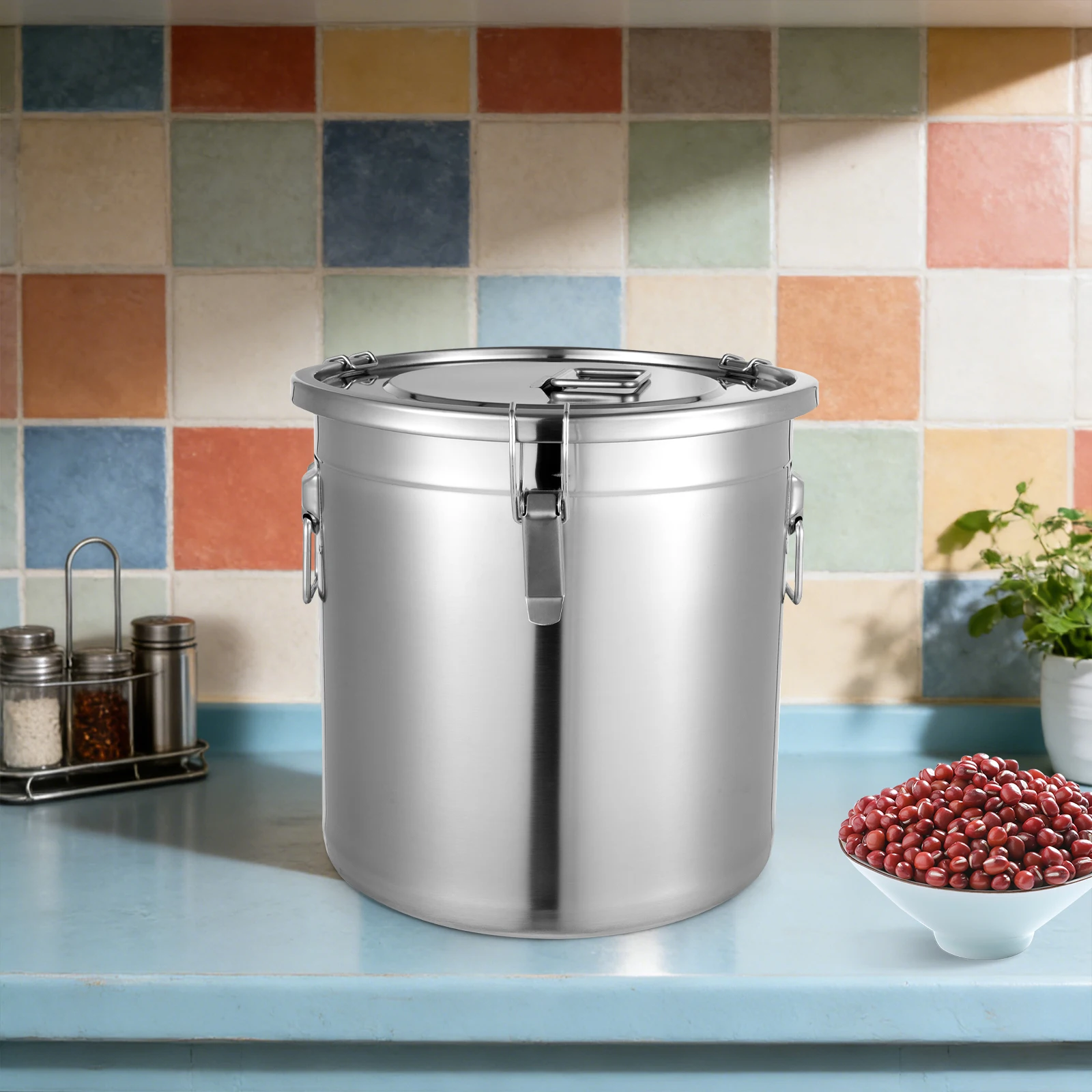 

33L 304 Stainless Steel Airtight Container With Lid And Locking Clamp Metal Bucket Food Storage Container For Rice, Flour,oil