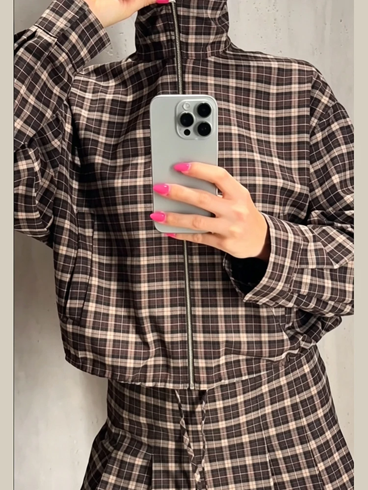 Women Plaid Skort Set Stand Collar Full Zip Drawstring Hem Cropped Jacket Pleated Mini Skort Outfit Vintage Ladies 2 Piece Set