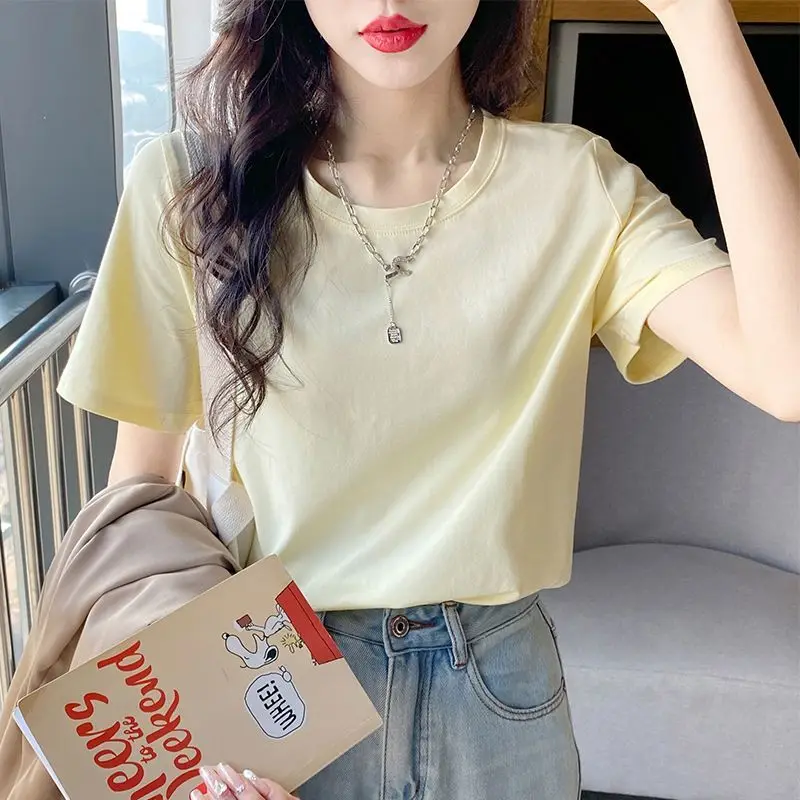 

Yellow Shoulder T-shirt Women's Short Sleeved Summer Cotton Loose And Versatile Fashionable Simple Solid Color Top