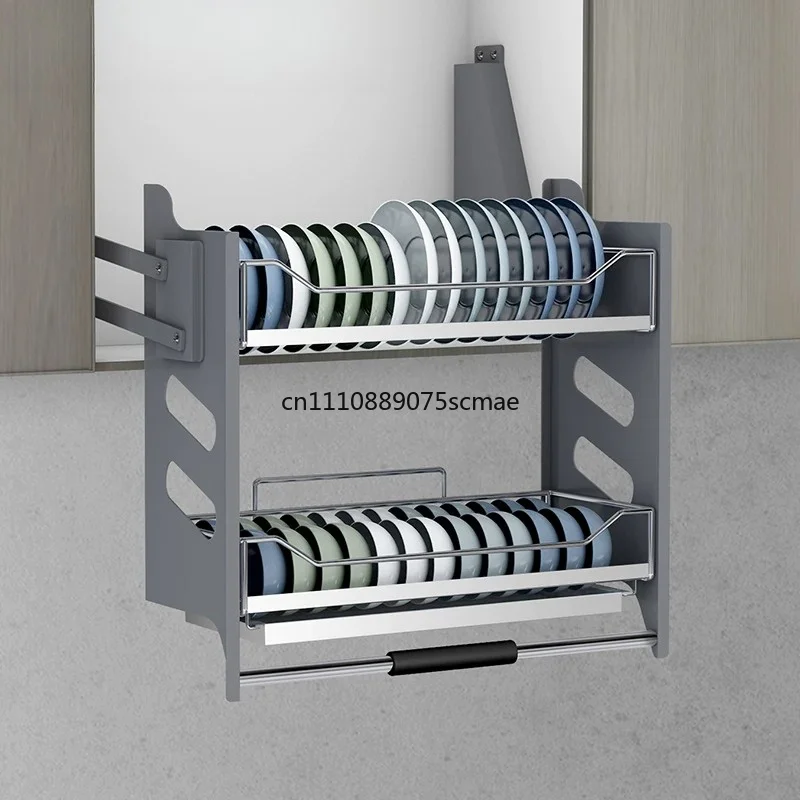Damping Lift Dish Basket, 304 Stainless Steel Pull Down Storage Rack for Cabinet