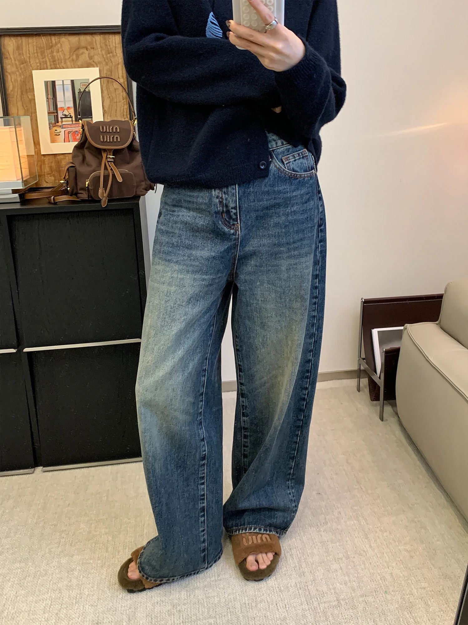 

Джинсы с высокой талией и широкими штанинами из 100% хлопка с бамбуковым узором, свободного кроя, в американском повседневном стиле