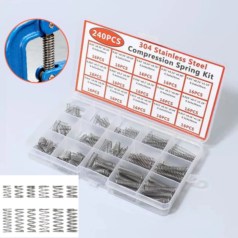 240PCS/Set Spring Stainless Steel Compression Spring Kit Box With 15 Sizes Small Springs For Mechanical Repairs DIY Projects