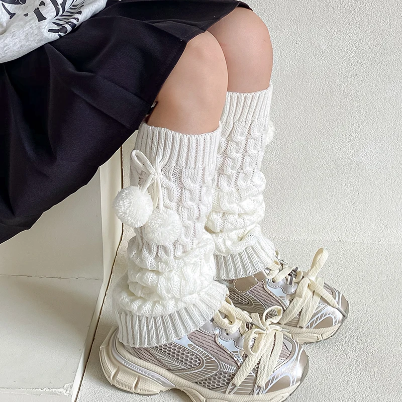 Pom-Pom Pendant Leg Warmers for 2-12Y Girls Cable Knit Slouchy Dangling Accent Playful Cozy Warm Cute Kid Winter Wear Boot Cuffs