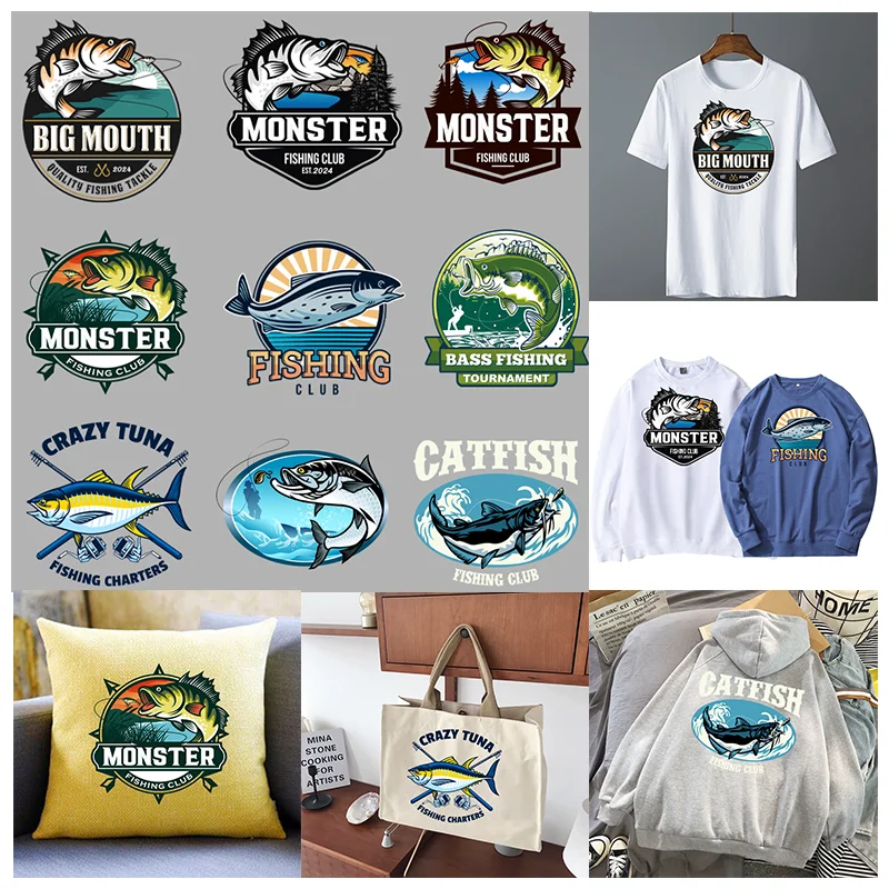 Cartoon outdoor fishing sea fishing Thermo Sticker Decals Heat Transfer Clothes Clothing Crafts DIY Vinyl Printing Pattern