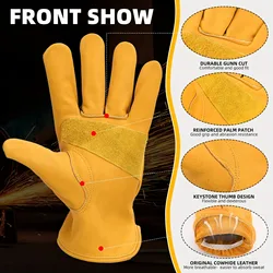 1 Pair of Durable Flex Grip Leather Work Gloves, Stretchable Wrist, Tough Cowhide for Comfort & Protection, Yellow Color.