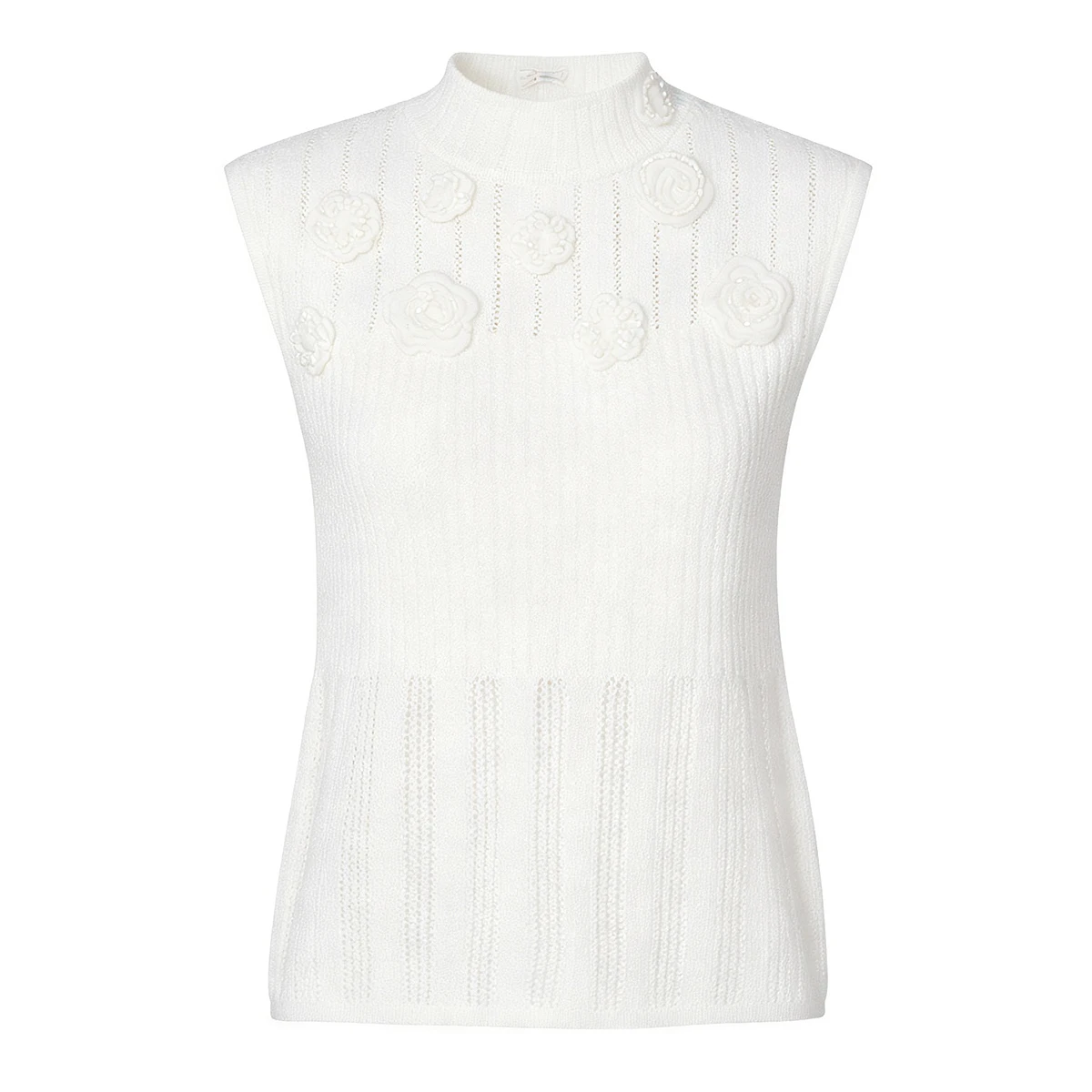 26169 High Quality Summer Women Heavy Craft 3D Flower Beaded Sleeveless Knit Top Classic Fashion Daily Ladies Blouse