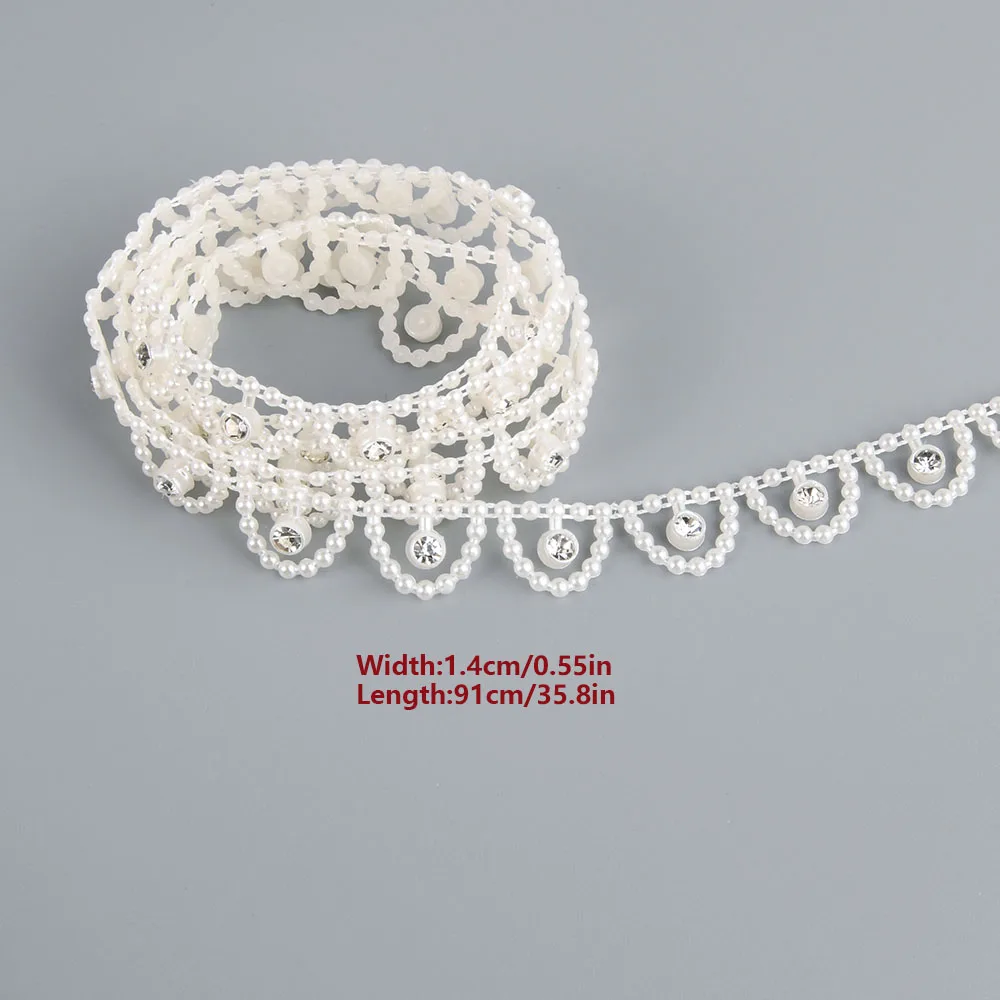 1 Yard 14mm Width ABS Flatback Imitation Pearl Beads Chain with Round Rhinestone Sewing Trim Wedding Clothes Cake Decoration Diy