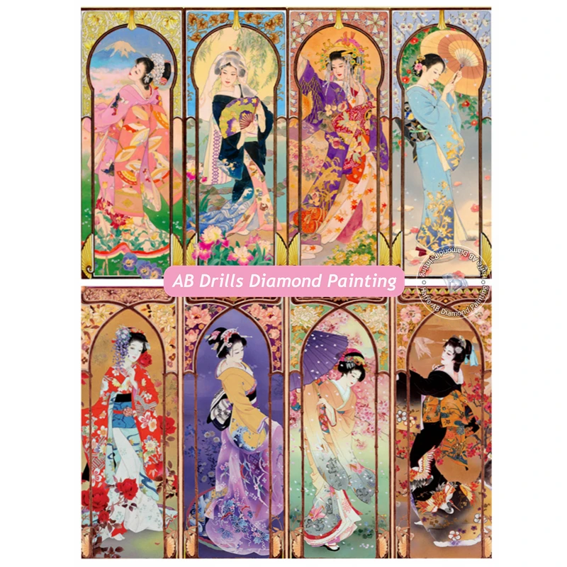 

Four Seasons Asian Geisha Art Diamond Painting AB Drills Japanese Kimono Woman Cross Stitch Crystal Pattern Mosaic Room Decor