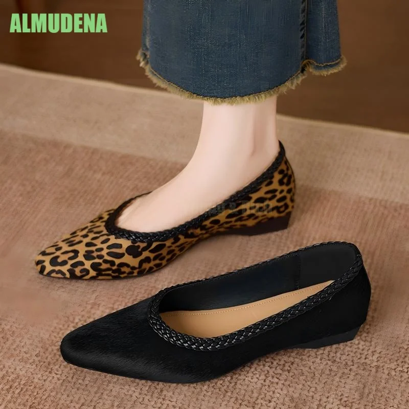 Braided Trim Ballet Flats Pony Hair Leopard Print Pointed Toe Slip On Low Wedge Heel Retro Casual Daily Walking Fashion Shoes