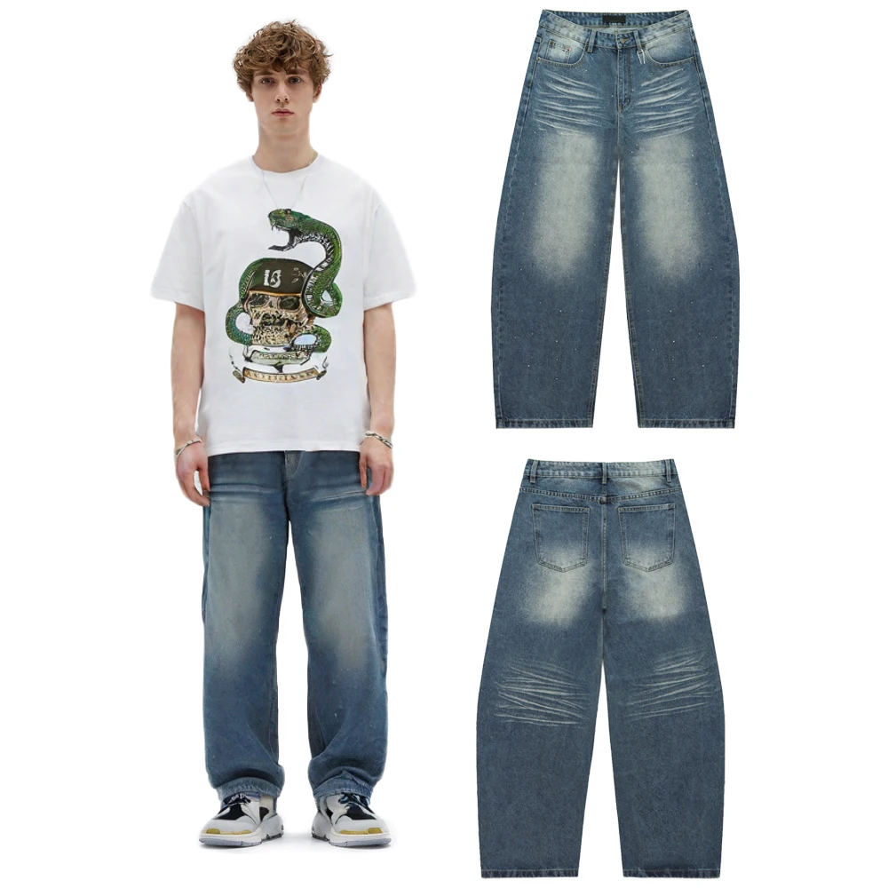 Y2k Streetwear Loose Denim Jeans with Rhinestones Hip Hop Street Style Cotton Retro Distressed Rock Revival Wide Leg Denim Pants