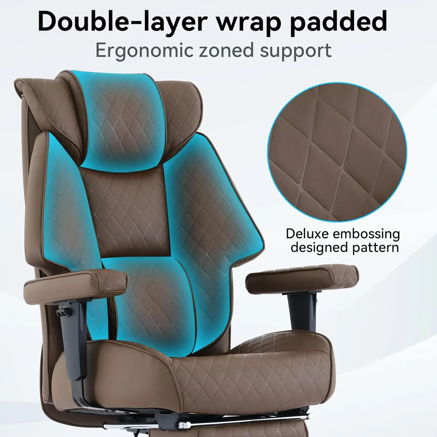 كرسي مكتب كبير وطويل مع مسند للقدمين، ظهر مرتفع من جلد البولي يوريثان، 400 رطل، دعم قطني مريح (بني) #4