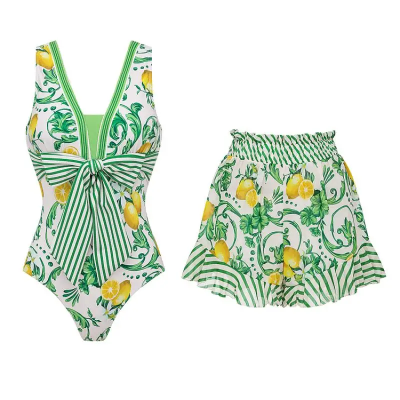 Flaxmaker Women Lemon One Piece Swimsuit and Skirt or Shorts Vintage Printed Party Bathing Suits Summer Beachwear
