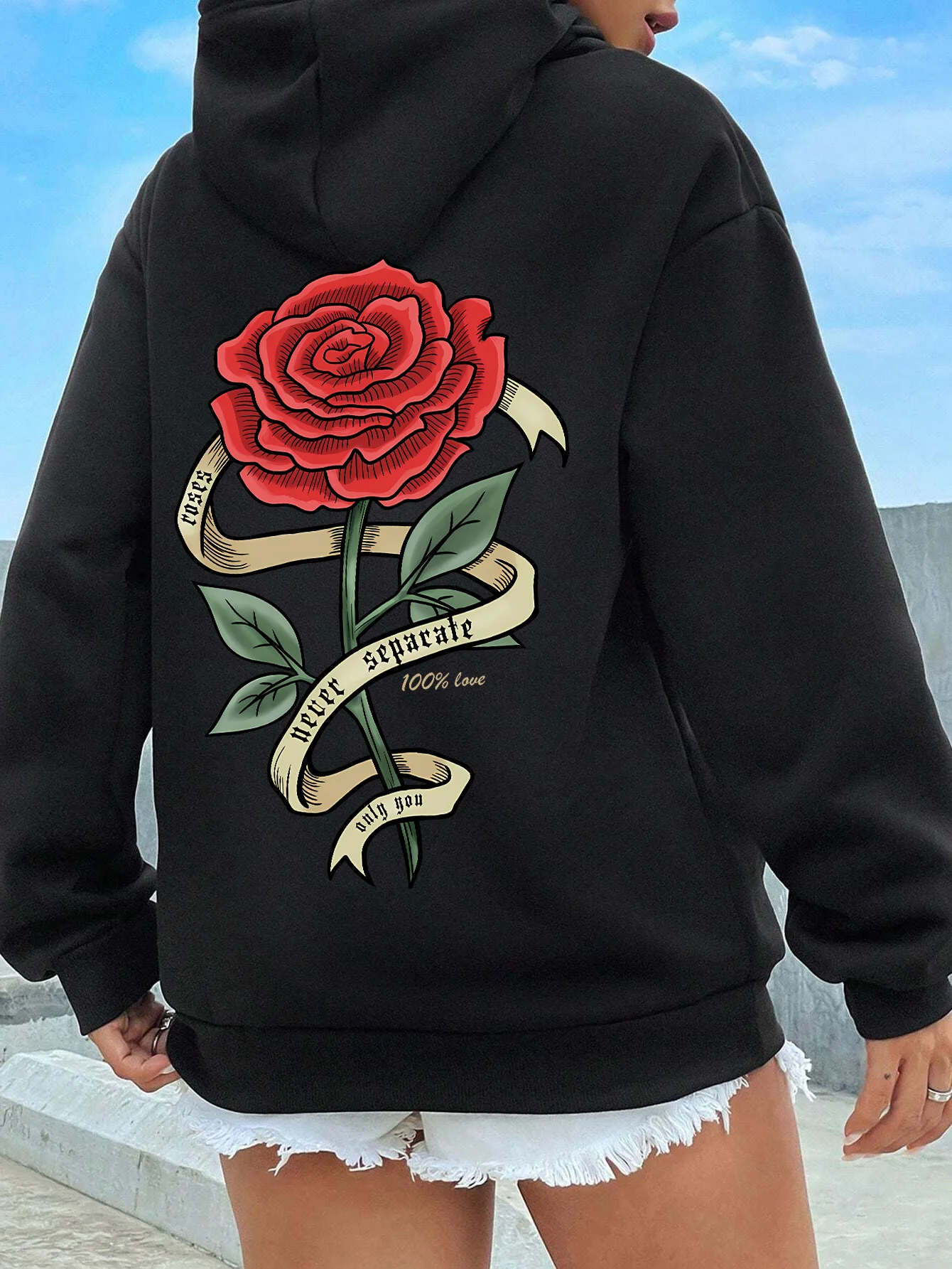 

Red Roses Wrapped In Ribbons Printing Female Hooded Autumn Warm Hoodies Street Soft Hoodie Street Comfortable Women'S Pullover