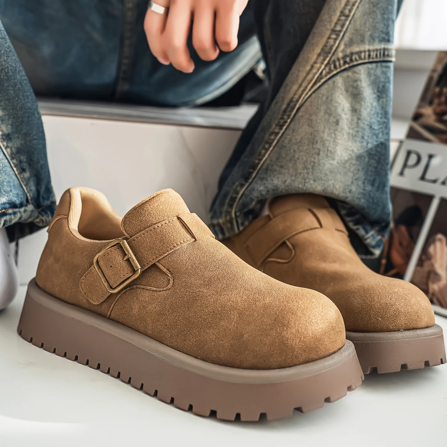 New Men Thick-soled Round-toe Derby Shoes, Retro Sports Style Heightening Versatile Casual Loafers