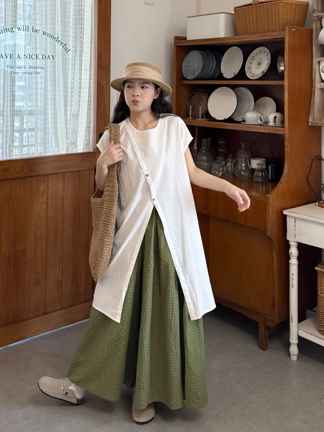 

plus Size Lazy Style Japanese Split Short Sleeve Shirt Women's High Waist Wide Leg Green Grid Skirt Set Summer New Arrival
